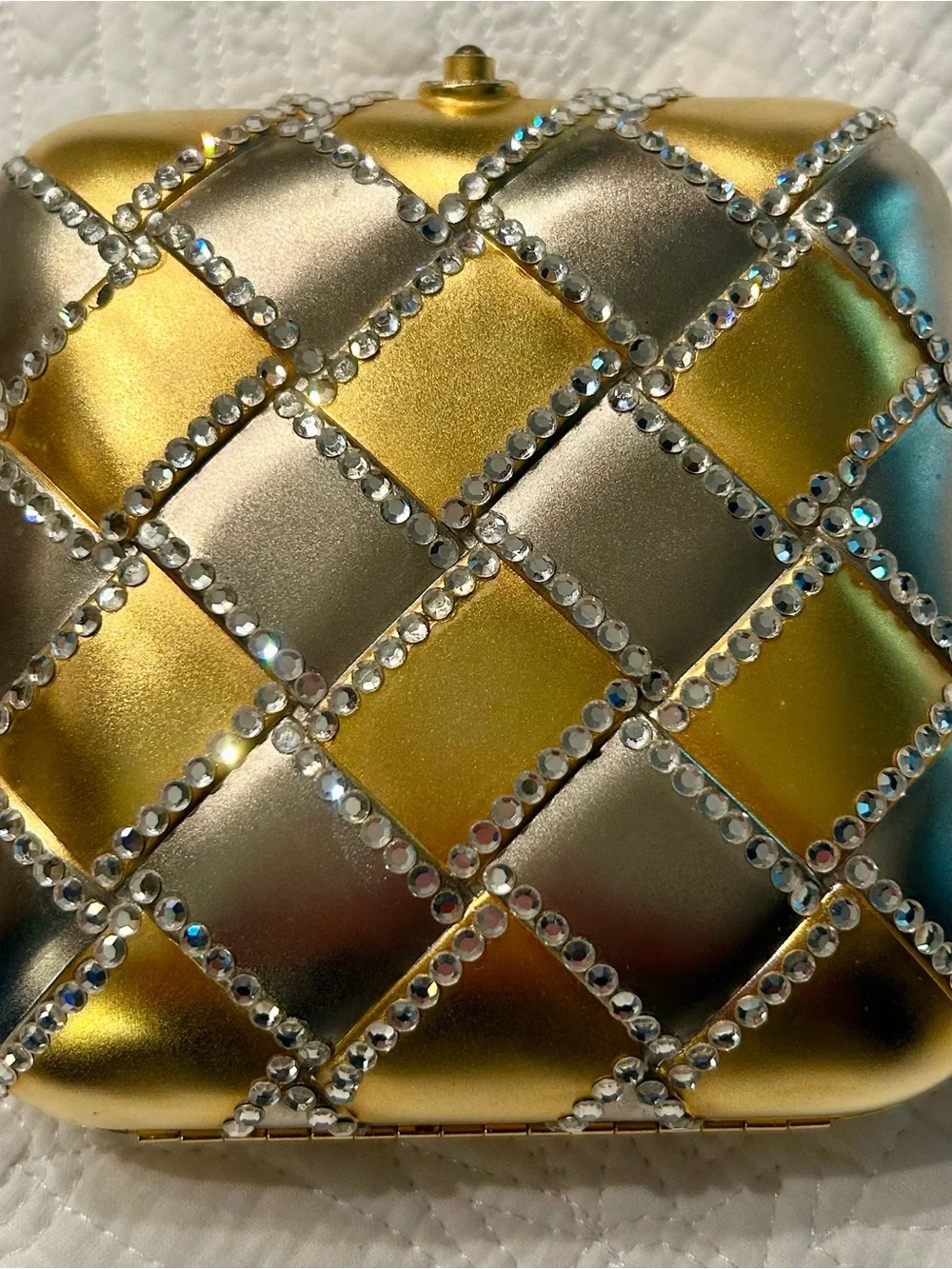 Elegant Elan Gold and Silver Quilted Crystal-Trim Clutch